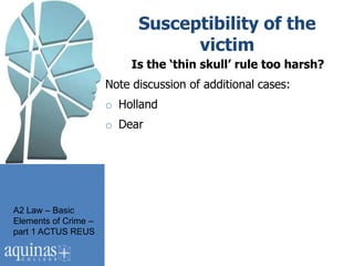Susceptibility of the
                                  victim
                           Is the ‘thin skull’ rule too harsh?
                      Note discussion of additional cases:
                      o Holland
                      o Dear




A2 Law – Basic
Elements of Crime –
part 1 ACTUS REUS
 