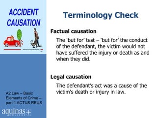 Terminology Check
                      Factual causation
                        The „but for‟ test – „but for‟ the conduct
                        of the defendant, the victim would not
                        have suffered the injury or death as and
                        when they did.


                      Legal causation
                        The defendant‟s act was a cause of the
A2 Law – Basic          victim‟s death or injury in law.
Elements of Crime –
part 1 ACTUS REUS
 