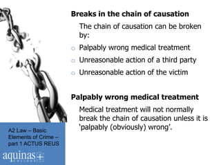 Breaks in the chain of causation
                        The chain of causation can be broken
                        by:
                      o Palpably wrong medical treatment
                      o Unreasonable action of a third party
                      o Unreasonable action of the victim


                      Palpably wrong medical treatment
                        Medical treatment will not normally
                        break the chain of causation unless it is
A2 Law – Basic          „palpably (obviously) wrong‟.
Elements of Crime –
part 1 ACTUS REUS
 