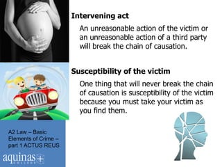 Intervening act
                        An unreasonable action of the victim or
                        an unreasonable action of a third party
                        will break the chain of causation.


                      Susceptibility of the victim
                        One thing that will never break the chain
                        of causation is susceptibility of the victim
                        because you must take your victim as
                        you find them.

A2 Law – Basic
Elements of Crime –
part 1 ACTUS REUS
 