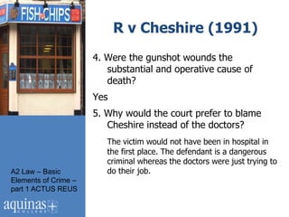 R v Cheshire (1991)
                      4. Were the gunshot wounds the
                         substantial and operative cause of
                         death?
                      Yes
                      5. Why would the court prefer to blame
                         Cheshire instead of the doctors?
                         The victim would not have been in hospital in
                         the first place. The defendant is a dangerous
                         criminal whereas the doctors were just trying to
A2 Law – Basic           do their job.
Elements of Crime –
part 1 ACTUS REUS
 