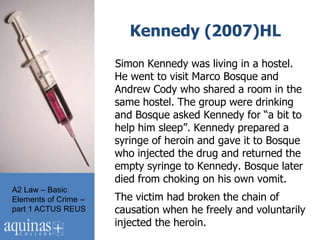 Kennedy (2007)HL
                      Simon Kennedy was living in a hostel.
                      He went to visit Marco Bosque and
                      Andrew Cody who shared a room in the
                      same hostel. The group were drinking
                      and Bosque asked Kennedy for “a bit to
                      help him sleep”. Kennedy prepared a
                      syringe of heroin and gave it to Bosque
                      who injected the drug and returned the
                      empty syringe to Kennedy. Bosque later
                      died from choking on his own vomit.
A2 Law – Basic
Elements of Crime –   The victim had broken the chain of
part 1 ACTUS REUS     causation when he freely and voluntarily
                      injected the heroin.
 