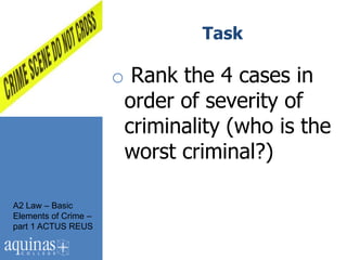 Task

                      o Rank the 4 cases in
                       order of severity of
                       criminality (who is the
                       worst criminal?)

A2 Law – Basic
Elements of Crime –
part 1 ACTUS REUS
 