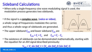 Sideband Calculations
• When only a single-frequency sine wave modulating signal is used, the
modulation process generates two sidebands.
• If the signal is a complex wave, (voice or video),
a whole range of frequencies modulate the carrier,
and thus a whole range of sidebands are generated.
• The upper sideband fUSB and lower sideband fLSB are
fUSB = fc + fm and fLSB = fc – fm
• The existence of sidebands can be demonstrated mathematically, starting with
the equation for an AM signal described previously:
vAM = Vc sin 2πfc t + (Vm sin 2πfmt) (sin 2πfc t)
 