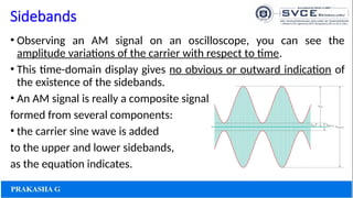 Sidebands
• Observing an AM signal on an oscilloscope, you can see the
amplitude variations of the carrier with respect to time.
• This time-domain display gives no obvious or outward indication of
the existence of the sidebands.
• An AM signal is really a composite signal
formed from several components:
• the carrier sine wave is added
to the upper and lower sidebands,
as the equation indicates.
 