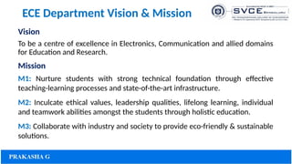 ECE Department Vision & Mission
Vision
To be a centre of excellence in Electronics, Communication and allied domains
for Education and Research.
Mission
M1: Nurture students with strong technical foundation through effective
teaching-learning processes and state-of-the-art infrastructure.
M2: Inculcate ethical values, leadership qualities, lifelong learning, individual
and teamwork abilities amongst the students through holistic education.
M3: Collaborate with industry and society to provide eco-friendly & sustainable
solutions.
 