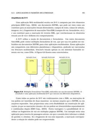 6.3. LINGUAGENS E PADRÕES MULTIMODAIS 85
Arquitetura da X+V
Uma aplicação Web multimodal escrita em X+V é composta por três elementos
principais [IBM Corp., 2004]: um documento XHTML, que pode ser visto como um
contêiner para as marcações visuais (formulários, campos de texto, caixas de seleção,
imagens, etc.); fragmentos de marcações VoiceXML (campos de voz, formulários, etc.);
e um contêiner para a marcação de eventos XML, que correlacionam os elementos
visuais aos de voz e deﬁnem seu comportamento.
A X+V utiliza a noção de documentos e formulários. Um único documento
VoiceXML pode conter múltiplos formulários de voz, que por sua vez podem ser em-
butidos em documentos XHTML para criar aplicações multimodais. Essas aplicações
são compatíveis com diferentes plataformas e dispositivos, podendo ser executadas
em browsers multimodais, browsers visuais apenas ou em sistemas baseados so-
mente em voz, como IVRs. A Figura 6.8 ilustra essa característica.
Figura 6.8: Múltiplos formulários VoiceXML embutidos em um documento XHTML. O
resultado é uma aplicação multimodal X+V que executa em diferentes dispositivos.
Como todas as partes do X+V são conformantes com o XML, as marcações de
voz podem ser inseridas de duas maneiras: no mesmo arquivo que o XHTML ou em
arquivos separados. Isso proporciona uma certa ﬂexibilidade na construção de apli-
cações, já que as marcações visuais e de voz podem ser desenvolvidas separadamente
e combinadas depois [IBM Corp., 2003]. Outra vantagem é a possibilidade de re-
utilizar os fragmentos de voz em múltiplas páginas XHTML. Um exemplo seria uma
aplicação para reserva de passagens aéreas, em que o usuário deve informar a cidade
de partida e o destino. Se o fragmento de voz está separado, a marcação correspon-
dente a relação de cidades pode ser reaproveitada.
 