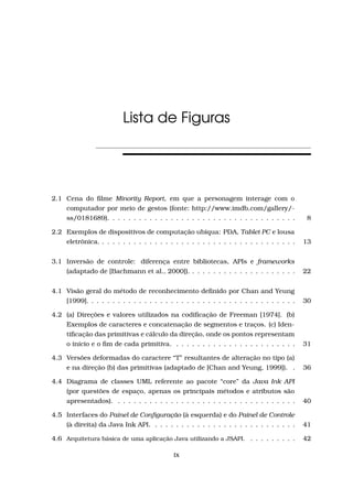 Lista de Figuras
2.1 Cena do ﬁlme Minority Report, em que a personagem interage com o
computador por meio de gestos (fonte: http://www.imdb.com/gallery/-
ss/0181689). . . . . . . . . . . . . . . . . . . . . . . . . . . . . . . . . . . . 8
2.2 Exemplos de dispositivos de computação ubíqua: PDA, Tablet PC e lousa
eletrônica. . . . . . . . . . . . . . . . . . . . . . . . . . . . . . . . . . . . . . 13
3.1 Inversão de controle: diferença entre bibliotecas, APIs e frameworks
(adaptado de [Bachmann et al., 2000]). . . . . . . . . . . . . . . . . . . . . 22
4.1 Visão geral do método de reconhecimento deﬁnido por Chan and Yeung
[1999]. . . . . . . . . . . . . . . . . . . . . . . . . . . . . . . . . . . . . . . . 30
4.2 (a) Direções e valores utilizados na codiﬁcação de Freeman [1974]. (b)
Exemplos de caracteres e concatenação de segmentos e traços. (c) Iden-
tiﬁcação das primitivas e cálculo da direção, onde os pontos representam
o início e o ﬁm de cada primitiva. . . . . . . . . . . . . . . . . . . . . . . . 31
4.3 Versões deformadas do caractere “T” resultantes de alteração no tipo (a)
e na direção (b) das primitivas (adaptado de [Chan and Yeung, 1999]). . 36
4.4 Diagrama de classes UML referente ao pacote “core” da Java Ink API
(por questões de espaço, apenas os principais métodos e atributos são
apresentados). . . . . . . . . . . . . . . . . . . . . . . . . . . . . . . . . . . 40
4.5 Interfaces do Painel de Conﬁguração (à esquerda) e do Painel de Controle
(à direita) da Java Ink API. . . . . . . . . . . . . . . . . . . . . . . . . . . . 41
4.6 Arquitetura básica de uma aplicação Java utilizando a JSAPI. . . . . . . . . . 42
ix
 