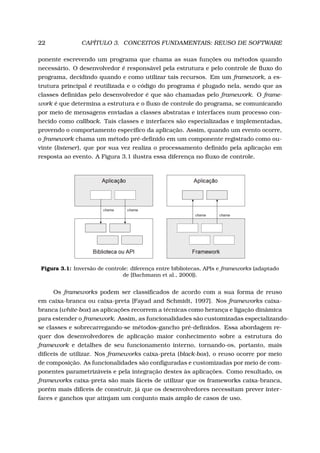 22 CAPÍTULO 3. CONCEITOS FUNDAMENTAIS: REUSO DE SOFTWARE
ponente escrevendo um programa que chama as suas funções ou métodos quando
necessário. O desenvolvedor é responsável pela estrutura e pelo controle de ﬂuxo do
programa, decidindo quando e como utilizar tais recursos. Em um framework, a es-
trutura principal é reutilizada e o código do programa é plugado nela, sendo que as
classes deﬁnidas pelo desenvolvedor é que são chamadas pelo framework. O frame-
work é que determina a estrutura e o ﬂuxo de controle do programa, se comunicando
por meio de mensagens enviadas a classes abstratas e interfaces num processo con-
hecido como callback. Tais classes e interfaces são especializadas e implementadas,
provendo o comportamento especíﬁco da aplicação. Assim, quando um evento ocorre,
o framework chama um método pré-deﬁnido em um componente registrado como ou-
vinte (listener), que por sua vez realiza o processamento deﬁnido pela aplicação em
resposta ao evento. A Figura 3.1 ilustra essa diferença no ﬂuxo de controle.
Figura 3.1: Inversão de controle: diferença entre bibliotecas, APIs e frameworks (adaptado
de [Bachmann et al., 2000]).
Os frameworks podem ser classiﬁcados de acordo com a sua forma de reuso
em caixa-branca ou caixa-preta [Fayad and Schmidt, 1997]. Nos frameworks caixa-
branca (white-box) as aplicações recorrem a técnicas como herança e ligação dinâmica
para estender o framework. Assim, as funcionalidades são customizadas especializando-
se classes e sobrecarregando-se métodos-gancho pré-deﬁnidos. Essa abordagem re-
quer dos desenvolvedores de aplicação maior conhecimento sobre a estrutura do
framework e detalhes de seu funcionamento interno, tornando-os, portanto, mais
difíceis de utilizar. Nos frameworks caixa-preta (black-box), o reuso ocorre por meio
de composição. As funcionalidades são conﬁguradas e customizadas por meio de com-
ponentes parametrizáveis e pela integração destes às aplicações. Como resultado, os
frameworks caixa-preta são mais fáceis de utilizar que os frameworks caixa-branca,
porém mais difíceis de construir, já que os desenvolvedores necessitam prever inter-
faces e ganchos que atinjam um conjunto mais amplo de casos de uso.
 