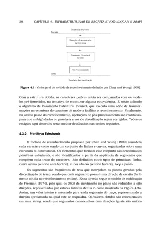 30 CAPÍTULO 4. INFRAESTRUTURAS DE ESCRITA E VOZ: JINK API E JSAPI
Figura 4.1: Visão geral do método de reconhecimento deﬁnido por Chan and Yeung [1999].
Com a estrutura obtida, os caracteres podem então ser comparados com os mode-
los pré-fornecidos, na tentativa de encontrar alguma equivalência. É então aplicado
o algoritmo de Casamento Estrutural Flexível, que executa uma série de transfor-
mações na estrutura do caractere de modo a facilitar o reconhecimento. Finalmente,
no último passo do reconhecimento, operações de pós-processamento são realizadas,
para que ambigüidades ou possíveis erros de classiﬁcação sejam corrigidos. Todos os
estágios aqui descritos serão melhor detalhados nas seções seguintes.
4.3.2 Primitivas Estruturais
O método de reconhecimento proposto por Chan and Yeung [1999] considera
cada caractere como sendo um conjunto de linhas e curvas, organizadas sobre uma
estrutura bi-dimensional. Os elementos que formam esse conjunto são denominados
primitivas estruturais, e são identiﬁcados a partir da seqüência de segmentos que
compõem cada traço do caractere. São deﬁnidos cinco tipos de primitivas: linha,
curva acima (sentido anti-horário), curva abaixo (sentido horário), loop e ponto.
Os segmentos são fragmentos de reta que interpolam os pontos gerados pela
discretização do traço, sendo que cada segmento possui uma direção de escrita (facil-
mente obtida no reconhecimento on-line). Essa direção segue o modelo de codiﬁcação
de Freeman [1974], pelo qual os 360ž de movimento no plano são reduzidos a oito
direções, representadas por valores inteiros de 0 a 7, como mostrado na Figura 4.2a.
Assim, um valor inteiro é associado para cada segmento do traço, representando a
direção aproximada na qual este se enquadra. Os valores obtidos são concatenados
em uma string, sendo que segmentos consecutivos com direções iguais são unidos
 