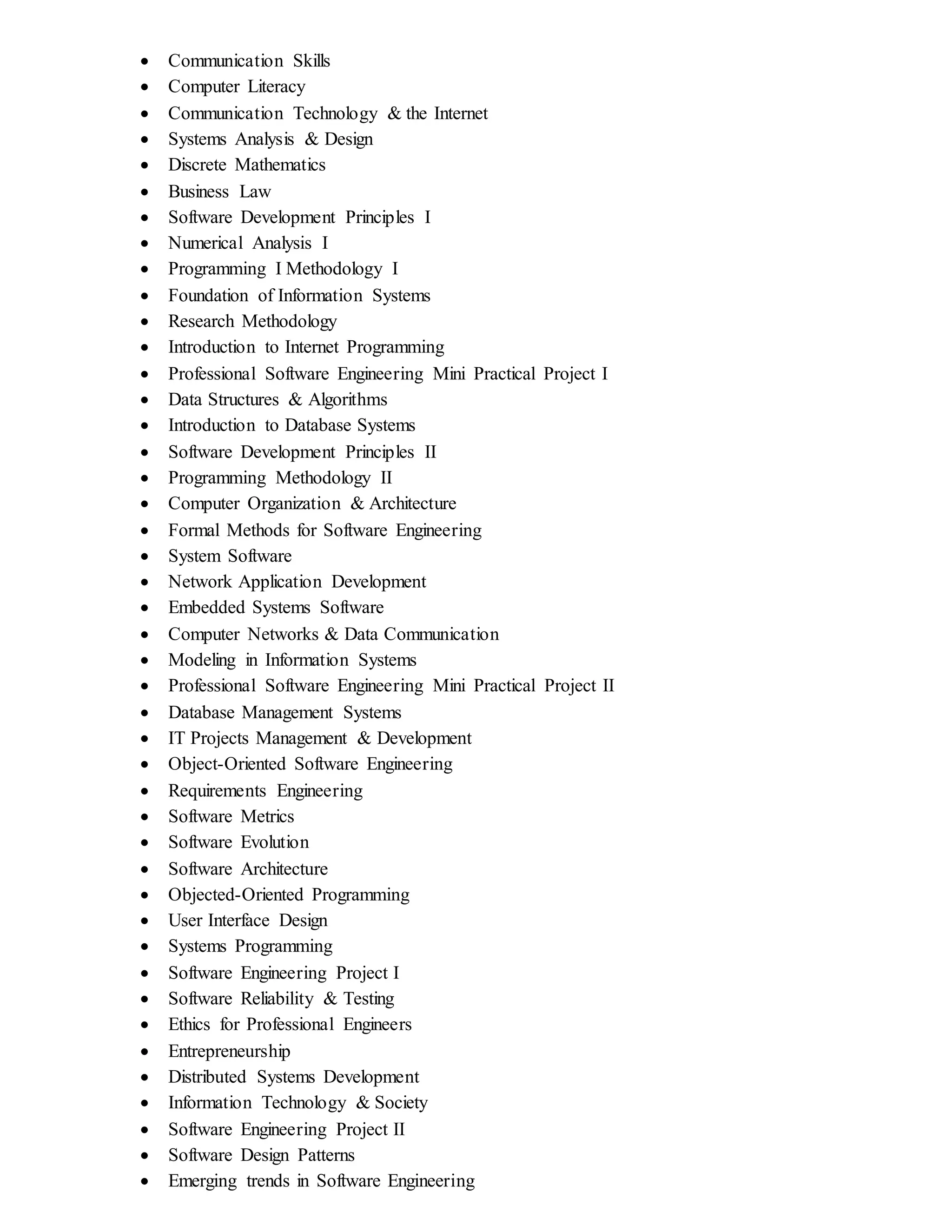  Communication Skills
 Computer Literacy
 Communication Technology & the Internet
 Systems Analysis & Design
 Discrete Mathematics
 Business Law
 Software Development Principles I
 Numerical Analysis I
 Programming I Methodology I
 Foundation of Information Systems
 Research Methodology
 Introduction to Internet Programming
 Professional Software Engineering Mini Practical Project I
 Data Structures & Algorithms
 Introduction to Database Systems
 Software Development Principles II
 Programming Methodology II
 Computer Organization & Architecture
 Formal Methods for Software Engineering
 System Software
 Network Application Development
 Embedded Systems Software
 Computer Networks & Data Communication
 Modeling in Information Systems
 Professional Software Engineering Mini Practical Project II
 Database Management Systems
 IT Projects Management & Development
 Object-Oriented Software Engineering
 Requirements Engineering
 Software Metrics
 Software Evolution
 Software Architecture
 Objected-Oriented Programming
 User Interface Design
 Systems Programming
 Software Engineering Project I
 Software Reliability & Testing
 Ethics for Professional Engineers
 Entrepreneurship
 Distributed Systems Development
 Information Technology & Society
 Software Engineering Project II
 Software Design Patterns
 Emerging trends in Software Engineering
 