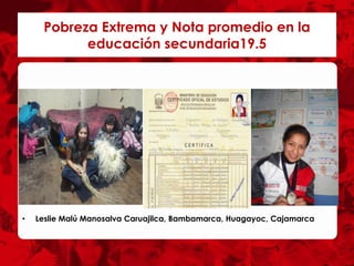 • Leslie Malú Manosalva Caruajilca, Bambamarca, Huagayoc, Cajamarca
Pobreza Extrema y Nota promedio en la
educación secundaria19.5
 