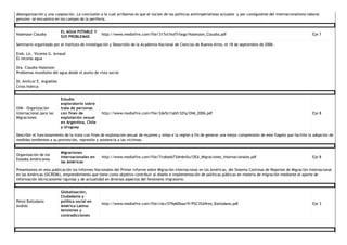 desorganización y una cooptación. La conclusión a la cual arribamos es que el núcleo de las políticas antiimperialistas actuales –y por consiguiente del internacionalismo laboral
genuino– se encuentra en los campos de la periferia.  
Natenzon Claudia 
EL AGUA POTABLE Y
SUS PROBLEMAS 
http://www.mediafire.com/file/317xt1ksf7rfaqp/Natenzon_Claudia.pdf  Eje 7 
Seminario organizado por el Instituto de Investigación y Desarrollo de la Academia Nacional de Ciencias de Buenos Aires, el 18 de septiembre de 2006.
Emb. Lic. Vicente G. Arnaud
El recurso agua
Dra. Claudia Natenzon
Problemas mundiales del agua desde el punto de vista social
Dr. Amílcar E. Argüelles
Crisis hídrica 
OIM ‐ Organización
Internacional para las
Migraciones 
Estudio
exploratorio sobre
trata de personas
con fines de
explotación sexual
en Argentina, Chile
y Uruguay 
http://www.mediafire.com/file/2de5ci1abfr32fq/OIM_2006.pdf  Eje 8 
Describir el funcionamiento de la trata con fines de explotación sexual de mujeres y niñas e la región a fin de generar una mejor comprensión de este flagelo que facilite la adopción de
medidas tendientes a su prevención, represión y asistencia a las victimas. 
Organización de los
Estados Américanos 
Migraciones
internacionales en
las Américas 
http://www.mediafire.com/file/7vz6eeb73dm6n5u/OEA_Migraciones_Internacionales.pdf  Eje 8 
Presentamos en esta publicación los Informes Nacionales del Primer Informe sobre Migración Internacional en las Américas, del Sistema Continuo de Reportes de Migración Internacional
en las Américas (SICREMI), emprendimiento que tiene como objetivo contribuir al diseño e implementación de políticas públicas en materia de migración mediante el aporte de
información técnicamente rigurosa y de actualidad en diversos aspectos del fenómeno migratorio. 
Pérez Baltodano
Andrés 
Globalización,
Ciudadanía y
política social en
América Latina:
tensiones y
contradicciones 
http://www.mediafire.com/file/cbcc579p60haa19/P%C3%A9rez_Baltodano.pdf  Eje 3 
 
 