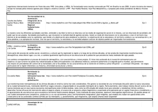 organismos internacionais tomaram em finais dos anos 1990. Uma delas, a IIRSA, foi formalizada numa reunião convocada por FHC em Brasília no ano 2000. A outra iniciativa do mesmo
escopo foi tomada pelos mesmos agentes para integrar a América Central: o PPP – Plan Puebla‐Panamá, hoje Plan Mesoamérica, e proposta pelo então presidente do México Vicente
Fox. 
Ceceña Ana Esther,
Aguilar Paula y Moto
Carlos 
Territorialidad de la
dominación.
Integración de la
Infraestructura
Regional
Sudamericana
(IIRSA) 
http://www.mediafire.com/file/xtp6cat6pje1x9p/IIRSA‐Cece%C3%B1a‐Aguilar_y_Motto.pdf  Eje 3 
La manera como las diferentes sociedades conciben, entienden y escriben la tierra se relaciona con los modos de organización social en sí mismos, con las relaciones de socialidad y de
poder que les son propias. Sociedades plurisujéticas, que reconocen la multiplicidad de agentes sociales, tienen un modo de relacionarse con la naturaleza y crear el territorio muy
distinto al de sociedades como la capitalista, que tiende a la objetivación para establecer su dominio. La objetivación de la naturaleza y el territorio conduce a su racionalización o, en
otras palabras, a su apropiación racional. Una vez que el territorio, la naturaleza y la sociedad adoptan carácter de objetos pueden ser organizados funcionalmente. 
CEPAL • América Latina
y el Caribe 
La dinámica
demográfica de
América Latina 
http://www.mediafire.com/file/5k3pdjd4dnn1lah/CEPAL.pdf  Eje 8 
Como parte del proceso de cambio social, económico y cultural que ha registrado la región a lo largo de las últimas décadas, se han producido importantes transformaciones
demográficas; estas dieron lugar, a su vez, a cambios igualmente significativos en las estructuras de la población que prevalecían hasta mediados del siglo pasado.
Los cambios correspondieron al proceso de transición demográfica, con características y ritmos propios. El ritmo más acelerado de la transición latinoamericana con
respecto a la que tuvieron los países hoy industrializados se debe principalmente a los adelantos médicos y sanitarios posteriores a la segunda guerra mundial, que permitieron
una mejora sin precedentes del control de la mortalidad y de la fecundidad. En las características de la transición en América Latina influyeron —y continúan influyendo— los rasgos
particulares de la región inherentes a su historia y diversidad sociocultural y étnica. 
Ciccolella Pablo 
Revisitando la
metrópolis
latinoamericana más
allá de la
globalización 
http://www.mediafire.com/file/c6dnh77jrbdjnza/Ciccolella_Pablo.pdf  Eje 6 
Las transformaciones metropolitanas de las últimas décadas en América latina han sido considerables. Ello genera la necesidad de una revitalizada discusión sobre la nueva naturaleza
de la ciudad latinoamericana, intentando identificar rasgos comunes y singularidades en las grandes metrópolis de la región. Particularmente, este trabajo intenta discutir acerca de las
nuevas tensiones que en esos nuevos escenarios metropolitanos están evidenciándose, tales como las dificultades del estado local para entender y metabolizar dichos cambios y
desarrollar formas eficaces de intervención sobre el espacio urbano; el avance de un proyecto urbano hegemónico corporizado principalmente por el capital financiero e inmobiliario; y
el agravamiento de una estructura socio‐económica territorial históricamente desigual. Como trasfondo de estas tensiones, aparecen interrogantes significativos: ¿Es posible pensar en
una ciudad latinoamericana competitiva, productiva y a su vez socialmente justa y territorialmente integradora? ¿Qué imágenes, qué modelos de ciudad van apareciendo como
consecuencia de los acelerados cambios sufridos por las metrópolis, y, paralelamente, qué imaginarios, qué utopías urbanas están surgiendo? 
CURSO VIRTUAL
Genealogía de las
violencias:
 