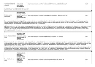 “GÉNERO Y DERECHOS
HUMANOS” 
desigualdad,
minoridad y
discriminación 
http://www.mediafire.com/file/4sxddlotubcdn3t/Violencia_de_G%C3%A9nero.pdf  Eje 8 
CURSO VIRTUAL “GÉNERO Y DERECHOS HUMANOS”. 
De Sousa Santos
Boaventura  
Refundación del
Estado en América
Latina. Perspectivas
desde una
epistemología del
Sur 
http://www.mediafire.com/file/3uneblx4r8jxc33/Boaventura_de_Sousa_Santos.pdf  Eje 3 
Boaventura entiende por epistemología del sur el reclamo de nuevos procesos de producción y de valoración de conocimientos válidos, científicos y no científicos, la perspectiva
múltiple de nuevas relaciones entre diferentes tipos de conocimiento, a partir de las prácticas de las clases y de grupos sociales que han sufrido de manera sistemática las injustas
desigualdades y las discriminaciones causadas por el capitalismo y por el colonialismo.
¿Qué se entiende por el sur? El sur no es un concepto geográfico, es más bien una metáfora del sufrimiento humano causado por el capitalismo y el colonialismo y de la resistencia para
superarlo. Se trata de un sur anticapitalista, anticolonialista y antiimperialista. Por eso dice Boaventura que la comprensión del mundo es mucho más amplia que la comprensión
occidental del mundo. Se requiere no tanto alternativas como un pensamiento alternativo de alternativas. Las dos ideas centrales de la epistemología del sur son la ecología de los
saberes y la traducción intercultural. 
DIANA ITZU GUTIÉRREZ
LUNA 
Ética por la vida,
potencia social y
democracia radical:
aproximaciones al
“mandar
obedeciendo" 
http://www.mediafire.com/file/oac4l94saevdau8/Gutierrez_D._2015.pdf  Eje 1 
Reflexionar sobre “la moral utilitarista del poder del capital” y la multiplicidad de “devenires minoritarios”. Lo primero, reproduce la valorización de lo humano y lo viviente a través
de la libertad del mercado, teniendo como premisa, paralelamente, el despojo y la explotación. La segunda, pretende construir relaciones sociales fuera de esta dinámica que, en tanto
ensaya otra forma de hacer política, se aparta del régimen políticoeconómico de dominación. Metodología. Se hace una aproximación a la experiencia zapatistas, retomando
reflexiones producto de una investigación
comprometida con las transformaciones sociales. Resultados. Articulamos el resultado a partir de rescatar categorizaciones propias de los sujetos colectivos. Presentando algunos de los
acontecimientos matrices de la “potencia social”, la cual proyecta una “ética por la vida”, por la democracia radical y la paz. Conclusión. Ética experimental de sujetos sociales que
superan y anulan el ejercicio a la violencia armada, reconfigurando el territorio y prácticas sociales por la libertad y la justicia social. 
Diana Itzu Gutiérrez
Luna 
APROXIMACIONES
PARA UNA
CARTOGRAFÍA
DESDE EL PODER
COLECTIVO. LOS
MUNICIPIOS
AUTÓNOMOS
REBELDES
http://www.mediafire.com/file/axppo7olanhg314/Gutierrez_D._Chiapas.pdf  Eje 1 
 