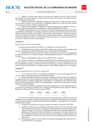 BOCM                    BOLETÍN OFICIAL DE LA COMUNIDAD DE MADRID
Pág. 64                                     LUNES 14 DE JUNIO DE 2010                                B.O.C.M. Núm. 140


               2. Haberse resuelto convocatorias anteriores por importe inferior al gasto inicial-
          mente previsto para las mismas, siempre que se trate de convocatorias con cargo a los mis-
          mos créditos presupuestarios.
               3. Haberse reconocido o liquidado obligaciones derivadas de convocatorias anterio-
          res por importe inferior a la subvención concedida, siempre que se trate de convocatorias
          con cargo a los mismos créditos presupuestarios.
               4. Haberse incrementado el importe del crédito presupuestario disponible como con-
          secuencia de una generación, una ampliación o una incorporación de crédito.
               El crédito total destinado a la convocatoria de becas de comedor para el curso 2010-2011
          se distribuirá atendiendo con carácter prioritario a las becas de concesión directa: Escolari-
          zados de oficio en centros concertados con transporte, renta mínima de inserción, urgencia
          social y acogimiento familiar o institucional y víctimas del terrorismo. Al inicio de la con-
          vocatoria se hará una reserva de crédito destinado a las becas con carácter excepcional de
          un 2,5 por 100 del total de la convocatoria.
          Artículo 76
          Plazos de presentación de solicitudes
               Los plazos para presentar solicitudes y los modelos de solicitud serán:
               1. Modalidad general: Quince días hábiles desde el día siguiente al de la publicación
          de la convocatoria en el BOLETÍN OFICIAL DE LA COMUNIDAD DE MADRID.
               2. Modalidad carácter excepcional: Desde la finalización del plazo de presentación
          de subsanaciones que se establezca para la modalidad general hasta el 14 de abril de 2011,
          inclusive.
               3. Resto de modalidades: Hasta el 14 de abril de 2011, inclusive.
               Los centros remitirán las solicitudes recibidas junto a la relación nominal de solicitan-
          tes cuyo modelo se recoge en el Anexo VII a las Direcciones de Área Territorial en el caso
          de la modalidad general, o a la Dirección General de Becas y Ayudas a la Educación en el
          caso del resto de modalidades, en el plazo de los tres días hábiles siguientes a su recepción.
          Artículo 77
          Renta modalidad general y carácter excepcional
                1. A los efectos previstos en la presente convocatoria, para la determinación de la
          renta se tendrá en cuenta el ejercicio fiscal del año 2008.
                2. Para la determinación de la renta anual se tendrá en cuenta la suma de rendimien-
          tos, imputaciones de renta y ganancias y pérdidas patrimoniales, antes de la aplicación del
          mínimo personal y familiar, declarados o declarables en el Impuesto sobre la Renta de las
          Personas Físicas del ejercicio 2008 y correspondientes a cada uno de los miembros compu-
          tables de la unidad familiar.
                Su cuantía se calculará realizando las siguientes operaciones con las cantidades que fi-
          guren en las casillas que se indican de sus respectivas declaraciones del Impuesto sobre la
          Renta de las Personas Físicas del ejercicio de 2008:

                                450     +    452    -    454    +    457    +    460

               En el caso de no haber hecho declaración de la renta del ejercicio 2008, por no estar
          obligado a ello, se tendrá en cuenta la suma de los rendimientos del trabajo, los rendimien-
          tos del capital mobiliario, ganancias patrimoniales sometidas a retención menos los gastos
          deducibles del trabajo.
               3. En aquellos supuestos en los que no pueda acreditarse la renta del año 2008:
               a) Aquellos alumnos que se encuentren siguiendo un proceso de intervención social
                                                                                                                         BOCM-20100614-18




                    en los Servicios Sociales de su municipio podrán presentar como documento acre-
                    ditativo de ingresos un informe, unificado para toda la Comunidad de Madrid, ex-
                    pedido por el Área de Servicios Sociales de su municipio, en el que se hará cons-
                    tar la cantidad estimada de ingresos anuales de que dispone la unidad familiar a la
                    que pertenecen, así como las causas por las que sigue dicho proceso de interven-
                    ción social.
               b) Dicho informe deberá ir con el sello y la firma del responsable del centro de Servi-
                    cios Sociales de su municipio.
 