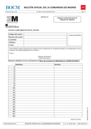 BOCM                                 BOLETÍN OFICIAL DE LA COMUNIDAD DE MADRID
  B.O.C.M. Núm. 140                                 LUNES 14 DE JUNIO DE 2010                                           Pág. 77


                                                          #0':1 8+
                                                                                 Espacio reservado para la
                                                                                    etiqueta de registro


     CONSEJERÍA DE EDUCACIÓN

  Comunidad de Madrid

      DATOS A CUMPLIMENTAR POR EL CENTRO


       Código del centro
                                                                                                   Nº DE SOLICITANTES
       Nombre del centro
       Localidad
       Teléfono
       e-mail:

         Como Director hago constar que los alumnos que se relacionan en el siguiente listado se corresponden con los
         impresos de solicitud aportados con el mismo.

         Fecha:

                                                      (Director del Centro)
                                                       (Sello del Centro)

      Relación alfabética de los solicitantes de Beca de Comedor de Modalidad A. CURSO 2010/2011

                           Apellidos                                          Nombre
                      1
                      2
                      3
                      4
                      5
                      6
                      7
                      8
                      9
                   10
                   11
                   12
                   13
                   14
                   15
                   16
                   17
                   18
                                                                                                                                   BOCM-20100614-18




                   19
                   20
                   21
                   22

                                                                                                      (03/23.710/10)

http://www.bocm.es                     BOLETÍN OFICIAL DE LA COMUNIDAD DE MADRID          D. L.: M. 19.462-1983   ISSN 1989-4791
 