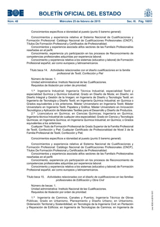 BOLETÍN OFICIAL DEL ESTADO
Núm. 48	 Miércoles 25 de febrero de 2015	 Sec. III. Pág. 16051
Conocimientos específicos e idoneidad al puesto (punto 5 baremo general):
Conocimientos y experiencia relativa al Sistema Nacional de Cualificaciones y
Formación Profesional: Catálogo Nacional de Cualificaciones Profesionales (CNCP),
Títulos De Formación Profesional y Certificados de Profesionalidad.
Conocimientos y experiencia asociada al/los sectores de las Familia/s Profesional/es
reseñadas en el perfil.
Conocimiento, experiencia y/o participación en los procesos de Reconocimiento de
competencias profesionales adquiridas por experiencia laboral.
Conocimiento y experiencia relativa a los sistemas (educativo y laboral) de Formación
Profesional español, así como europeos y latinoamericanos.
Título beca 14.  Actividades relacionadas con el diseño cualificaciones en la familia
profesional de Textil, Confección y Piel
Número de becas: 1.
Unidad administrativa: Instituto Nacional de las Cualificaciones.
Requisitos de titulación por orden de prioridad:
1.ª  Ingeniería Industrial; Ingeniería Técnica Industrial, especialidad Textil y
especialidad Química y Química Industrial; Grado en Diseño de Moda; en Diseño; en
Diseño Integral y Gestión de la Imagen; en Ingeniería de Diseño y Tecnología Textil; en
Ingeniería de Tecnología y Diseño Textil; en Ingeniería Química Industrial; en Química o
Grados equivalentes a los anteriores. Máster Universitario en Ingeniería Textil; Máster
Universitario en Ingeniería Textil, Papelera y Gráfica; Máster Universitario en Innovación
Tecnológica y Aplicación de Materiales Textiles para el Desarrollo y Diseño de Productos.
2.ª  Licenciatura en Química; en Ciencias Químicas; Ingeniería en Química;
Ingeniería técnica Industrial de cualquier otra especialidad; Grado en Ciencia y Tecnología
Químicas; en Ingeniería Química; en Ingeniería Química Industrial; en Química; o Grados
equivalentes a los anteriores.
Cualquier Titulo de Formación Profesional de Grado Superior de la Familia Profesional
de Textil, Confección y Piel; Cualquier Certificado de Profesionalidad de Nivel 3 de la
Familia Profesional de Textil, Confección y Piel;
Conocimientos específicos e idoneidad al puesto (punto 5 baremo general):
Conocimientos y experiencia relativa al Sistema Nacional de Cualificaciones y
Formación Profesional: Catálogo Nacional de Cualificaciones Profesionales (CNCP),
Títulos De Formación Profesional y Certificados de Profesionalidad.
Conocimientos y experiencia asociada al/los sectores de las Familia/s Profesional/es
reseñadas en el perfil.
Conocimiento, experiencia y/o participación en los procesos de Reconocimiento de
competencias profesionales adquiridas por experiencia laboral.
Conocimiento y experiencia relativa a los sistemas (educativo y laboral) de Formación
Profesional español, así como europeos y latinoamericanos.
Título beca 15.  Actividades relacionadas con el diseño de cualificaciones en las familias
profesionales de Edificación y Obra Civil
Número de becas: 1.
Unidad administrativa: Instituto Nacional de las Cualificaciones.
Requisitos de titulación por orden de prioridad:
1.ª  Ingeniería de Caminos, Canales y Puertos; Ingeniería Técnica de Obras
Públicas; Grado en Urbanismo, Planeamiento y Diseño Urbano; en Urbanismo,
Ordenación Territorial y Sostenibilidad; en Tecnología de la Ingeniería Civil; en Peritación
y Reparación de Edificios; en Ingeniería de Tecnologías de Caminos; en Ingeniería de
cve:BOE-A-2015-1911
 