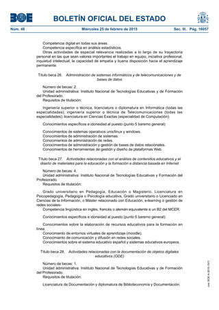 BOLETÍN OFICIAL DEL ESTADO
Núm. 48	 Miércoles 25 de febrero de 2015	 Sec. III. Pág. 16057
Competencia digital en todas sus áreas.
Competencia específica en análisis estadísticos.
Otras actividades de especial relevancia realizadas a lo largo de su trayectoria
personal en las que sean valores importantes el trabajo en equipo, iniciativa profesional,
inquietud intelectual, la capacidad de empatía y buena disposición hacia el aprendizaje
permanente.
Título beca 26.  Administración de sistemas informáticos y de telecomunicaciones y de
bases de datos
Número de becas: 2.
Unidad administrativa: Instituto Nacional de Tecnologías Educativas y de Formación
del Profesorado.
Requisitos de titulación:
Ingeniería superior o técnica, licenciatura o diplomatura en Informática (todas las
especialidades); ingeniería superior o técnica de Telecomunicaciones (todas las
especialidades); licenciatura en Ciencias Exactas (especialidad de Computación).
Conocimientos específicos e idoneidad al puesto (punto 5 baremo general):
Conocimientos de sistemas operativos unix/linux y windows.
Conocimientos de administración de sistemas.
Conocimientos de administración de redes.
Conocimientos de administración y gestión de bases de datos relacionales.
Conocimientos de herramientas de gestión y diseño de plataformas Web.
Título beca 27.  Actividades relacionadas con el análisis de contenidos educativos y el
diseño de materiales para la educación y la formación a distancia basada en Internet
Número de becas: 4.
Unidad administrativa: Instituto Nacional de Tecnologías Educativas y Formación del
Profesorado.
Requisitos de titulación:
Grado universitario en Pedagogía, Educación o Magisterio, Licenciatura en
Psicopedagogía, Pedagogía o Psicología educativa, Grado universitario o Licenciado en
Ciencias de la Información, o Máster relacionado con Educación, e-learning o gestión de
redes sociales-
Competencia lingüística en inglés, francés o alemán equivalente a un B2 del MCER.
Conocimientos específicos e idoneidad al puesto (punto 5 baremo general):
Conocimientos sobre la elaboración de recursos educativos para la formación en
línea.
Conocimiento de entornos virtuales de aprendizaje (moodle).
Conocimiento de comunicación y difusión en redes sociales.
Conocimientos sobre el sistema educativo español y sistemas educativos europeos.
Título beca 28.  Actividades relacionadas con la documentación de objetos digitales
educativos (ODE)
Número de becas: 1.
Unidad administrativa: Instituto Nacional de Tecnologías Educativas y de Formación
del Profesorado.
Requisitos de titulación:
Licenciatura de Documentación y diplomatura de Biblioteconomía y Documentación.
cve:BOE-A-2015-1911
 