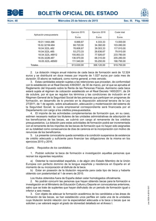 BOLETÍN OFICIAL DEL ESTADO
Núm. 48	 Miércoles 25 de febrero de 2015	 Sec. III. Pág. 16040
Aplicación presupuestaria
Ejercicio 2015
–
Euros
Ejercicio 2016
–
Euros
Coste total
–
Euros
18.01.144A.486 8.666,67 4.333,33 13.000,00
18.02.321M.484 68.720,00 34.360,00 103.080,00
18.04.322L.482 78.606,67 39.303,33 117.910,00
18.04.322L.485 53.273,33 26.636,67 79.910,00
18.04.322L.48912 155.853,33 77.926,67 233.780,00
18.05.322B.487 136.970,00 68.310,00 205.280,00
18.05.322L.48500 111.540,00 55.250,00 166.790,00
  Totales . . . . . . . . . . . . . . . . . . . . . 613.630,00 306.120,00 919.750,00
2.  La dotación íntegra anual máxima de cada beca de formación será de 12.324
euros y se distribuirá en doce meses por importe de 1.027 euros por cada mes de
duración. El abono se realizará, como norma general, a mes vencido.
3.  Estas cantidades estarán sujetas a las retenciones que procedan, de conformidad
con lo establecido en el Real Decreto 439/2007, de 30 de marzo, por el que se aprueba el
Reglamento del Impuesto sobre la Renta de las Personas Físicas. Asimismo cada beca
estará sujeta al régimen de cotización establecido en el Real Decreto 1493/2011, de 24
de octubre, por el que se regulan los términos y las condiciones de inclusión en el
Régimen General de la Seguridad Social de las personas que participen en programas de
formación, en desarrollo de lo previsto en la disposición adicional tercera de la Ley
27/2011, de 1 de agosto, sobre actualización, adecuación y modernización del sistema de
la Seguridad Social; la cuota empresarial correspondiente será financiada por el
Departamento con cargo a los créditos presupuestados.
4.  El importe de las actividades complementarias de formación que, en su caso,
estimen necesario realizar los titulares de las unidades administrativas de adscripción de
los beneficiarios de las becas, se cubrirá con cargo al remanente de los créditos
presupuestarios. La dotación para estas actividades de formación podrá ser incrementada
con el remanente de los importes de las becas de formación que no hayan sido asignadas
en su totalidad como consecuencia de días de carencia en la incorporación con motivo de
renuncias de los beneficiarios.
5.  La presente convocatoria queda sometida a la condición suspensiva de existencia
de crédito adecuado y suficiente para financiar las obligaciones de la misma en los
ejercicios 2015 y 2016.
Cuarto.  Requisitos de los candidatos.
1.  Podrán solicitar la beca de formación e investigación aquellas personas que
reúnan los siguientes requisitos:
a)  Ostentar la nacionalidad española, o de algún otro Estado Miembro de la Unión
Europea con perfecto dominio de la lengua española y residencia en España en el
momento de su incorporación al disfrute de la beca.
b)  Estar en posesión de la titulación requerida para cada tipo de beca y haberla
obtenido con posterioridad al 1 de enero de 2010.
Los títulos obtenidos fuera de España deben estar homologados oficialmente.
2.  No podrán concurrir las personas que hayan obtenido becas para la formación e
investigación en el Ministerio de Educación Cultura y Deporte en convocatorias anteriores,
salvo que se trate de suplentes que hayan disfrutado de un periodo de formación igual o
inferior a seis meses.
3.  Con objeto de adecuar la formación académica de los candidatos a las áreas de
formación de las becas, se han establecido unos perfiles en cada una de la unidades
cuya titulación tendrá relación con la especialidad adecuada a la beca o becas que se
soliciten y se valorará según el grado de idoneidad detallado en el Anexo I.
cve:BOE-A-2015-1911
 