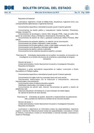 BOLETÍN OFICIAL DEL ESTADO
Núm. 48	 Miércoles 25 de febrero de 2015	 Sec. III. Pág. 16059
Requisitos de titulación:
Licenciatura, Ingeniería o Grado en Bellas Artes, Arquitectura, Ingeniería Civil y sus
correspondientes diplomaturas e ingenierías técnicas.
Conocimientos específicos e idoneidad al puesto (punto 5 baremo general):
Conocimientos de diseño gráfico y maquetación: Adobe Ilustrator, Photoshop,
Indesign, Acrobat Pro.
Conocimientos de tecnologías y edición Web: lenguaje HTML, hojas de estilo CSS,
gestor de contenidos Liferay y Wordpress, Dreamweaver, Exe-learning, XML.
Conocimientos de edición de vídeo y grabación audiovisual: Adobe Premiere, After
Effects.
Conocimientos de expresión plástica y su relación con la comunicación.
Conocimientos de canales multimedia y redes sociales.
Conocimientos de formatos gráficos, audio y vídeo digital, animación 2D y 3D.
Conocimientos como dibujante e ilustrador gráfico digital.
Conocimientos de diseño y edición multimedia.
Conocimientos de los sistemas educativos español y europeo.
Título beca 32.  Actividades relacionadas con el análisis, los estudios, la innovación y la
investigación en el ámbito del proceso de enseñanza y aprendizaje de lenguas
extranjeras
Número de becas: 1.
Unidad administrativa: Centro Nacional de Innovación e Investigación Educativa
Requisitos de titulación:
Magisterio o grado equivalente (especialista en Inglés); Licenciado o Grado
Equivalente en Filología Inglesa.
Conocimientos específicos e idoneidad al puesto (punto 5 baremo general):
Conocimientos de Inglés nivel muy avanzado tanto oral como escrito.
Voluntariados relacionados con la traducción e interpretación, relaciones
internacionales y documentación.
Conocimientos sobre el sistema educativo español.
Habilidades relacionales y de trabajo en equipo.
Conocimientos de edición web, Internet, herramientas de gestión y diseño de
plataformas web.
Estancias educativas o formativas en un país extranjero de habla inglesa.
Se valorará el dominio de otros idiomas.
Título beca 33.  Actividades de gestión, desarrollo e implementación de aplicaciones
web y portales de Internet en el ámbito de las Ciencias Sociales
Número de becas: 1.
Unidad administrativa: Centro Nacional de Innovación e Investigación Educativa
Requisitos de titulación:
Licenciatura o diplomatura en Informática (todas las especialidades); Ingeniería
superior o técnica de Telecomunicación (todas las especialidades); Licenciatura o Grado
en Historia; Licenciatura o Grado en Humanidades o Ciencias Sociales; Licenciatura o
Grado en Psicología.
cve:BOE-A-2015-1911
 