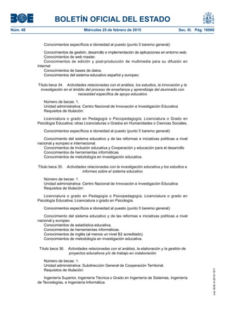 BOLETÍN OFICIAL DEL ESTADO
Núm. 48	 Miércoles 25 de febrero de 2015	 Sec. III. Pág. 16060
Conocimientos específicos e idoneidad al puesto (punto 5 baremo general):
Conocimientos de gestión, desarrollo e implementación de aplicaciones en entorno web.
Conocimientos de web master.
Conocimientos de edición y post-producción de multimedia para su difusión en
Internet
Conocimientos de bases de datos.
Conocimientos del sistema educativo español y europeo.
Título beca 34.  Actividades relacionadas con el análisis, los estudios, la innovación y la
investigación en el ámbito del proceso de enseñanza y aprendizaje del alumnado con
necesidad específica de apoyo educativo
Número de becas: 1.
Unidad administrativa: Centro Nacional de Innovación e Investigación Educativa
Requisitos de titulación:
Licenciatura o grado en Pedagogía o Psicopedagogía; Licenciatura o Grado en
Psicología Educativa; otras Licenciaturas o Grados en Humanidades o Ciencias Sociales.
Conocimientos específicos e idoneidad al puesto (punto 5 baremo general):
Conocimiento del sistema educativo y de las reformas e iniciativas políticas a nivel
nacional y europeo e internacional.
Conocimientos de Inclusión educativa y Cooperación y educación para el desarrollo
Conocimientos de herramientas informáticas
Conocimientos de metodología en investigación educativa.
Título beca 35.  Actividades relacionadas con la investigación educativa y los estudios e
informes sobre el sistema educativo
Número de becas: 1.
Unidad administrativa: Centro Nacional de Innovación e Investigación Educativa
Requisitos de titulación:
Licenciatura o grado en Pedagogía o Psicopedagogía; Licenciatura o grado en
Psicología Educativa; Licenciatura o grado en Psicología.
Conocimientos específicos e idoneidad al puesto (punto 5 baremo general):
Conocimiento del sistema educativo y de las reformas e iniciativas políticas a nivel
nacional y europeo.
Conocimientos de estadística educativa.
Conocimientos de herramientas informáticas.
Conocimientos de inglés (al menos un nivel B2 acreditado).
Conocimientos de metodología en investigación educativa.
Título beca 36.  Actividades relacionadas con el análisis, la elaboración y la gestión de
proyectos educativos y/o de trabajo en colaboración
Número de becas: 1.
Unidad administrativa: Subdirección General de Cooperación Territorial.
Requisitos de titulación:
Ingeniería Superior, Ingeniería Técnica o Grado en Ingeniería de Sistemas, Ingeniería
de Tecnologías, e Ingeniería Informática.
cve:BOE-A-2015-1911
 