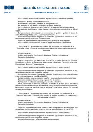 BOLETÍN OFICIAL DEL ESTADO
Núm. 48	 Miércoles 25 de febrero de 2015	 Sec. III. Pág. 16061
Conocimientos específicos e idoneidad al puesto (punto 5 del baremo general).
Experiencia docente y/o en la Administración.
Habilidad para participar y colaborar en trabajo en equipo.
Participación en prácticas docentes y en proyectos educativos.
Conocimiento del sistema educativo español y de sistemas educativos europeos.
Competencia lingüística en inglés, francés u otros idiomas, equivalente a un B2 del
MCER.
Conocimiento de administración de herramientas de gestión y gestión de bases de
datos. Formatos gráficos, audio, video digital y animación.
Conocimiento de sistemas de gestión de contenidos y plataformas educativas en red,
herramientas de comunicaciones y redes sociales.
Diseño de plataformas Web, de comunicación y difusión de redes sociales.
Conocimientos de maquetación: Indesing, Adobe Acrobat Pro, o equivalente.
Título beca 37.  Actividades relacionadas con el currículo y la evaluación de la
Educación Infantil y Primaria; el análisis, la innovación, los estudios y la investigación
educativa
Número de becas: 1.
Unidad administrativa: Subdirección General de Ordenación Académica
Requisitos de titulación:
Grado o diplomado de Maestro en Educación Infantil o Educación Primaria;
Licenciatura o Grado en Pedagogía; Licenciatura o Grado en Psicología educativa;
Licenciatura o Grado en Psicopedagogía.
Conocimientos específicos e idoneidad al puesto (punto 5 baremo general):
Conocimiento de sistemas de gestión de contenidos y plataformas educativas en red,
herramientas de comunicación y redes sociales.
Formación en idiomas para traducción inversa o directa de informes internacionales
(nivel mínimo equivalente a un B2 del MCER).
Conocimiento del sistema educativo español y sistemas educativos internacionales.
Formación en desarrollo curricular y organización de centros.
Participación en prácticas docentes y en proyectos educativos.
Otras actividades de especial relevancia realizadas a lo largo de su trayectoria
personal en las que sean valores importantes el trabajo en equipo, la iniciativa profesional,
la inquietud intelectual, la capacidad de empatía y una buena disposición hacia el
aprendizaje permanente.
Título beca 38.  Actividades relacionadas con el currículo y la evaluación de la
Educación Secundaria Obligatoria y Bachillerato; el análisis, la innovación, los estudios y
la investigación educativa
Número de becas: 1.
Unidad administrativa: Subdirección General de Ordenación Académica
Requisitos de titulación:
Titulación universitaria superior (grado o licenciatura) siendo requisito tener una
competencia lingüística en inglés o francés, mínimo equivalente a un B2 del MCER.
Conocimientos específicos e idoneidad al puesto (punto 5 baremo general):
Conocimiento de sistemas de gestión de contenidos y plataformas educativas en red,
herramientas de comunicación y redes sociales.
Formación pedagógica y didáctica (Máster en Secundaria).
cve:BOE-A-2015-1911
 
