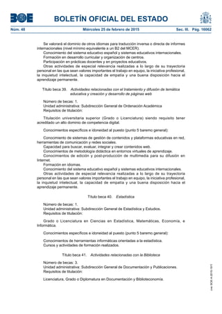 BOLETÍN OFICIAL DEL ESTADO
Núm. 48	 Miércoles 25 de febrero de 2015	 Sec. III. Pág. 16062
Se valorará el dominio de otros idiomas para traducción inversa o directa de informes
internacionales (nivel mínimo equivalente a un B2 del MCER).
Conocimiento del sistema educativo español y sistemas educativos internacionales.
Formación en desarrollo curricular y organización de centros.
Participación en prácticas docentes y en proyectos educativos.
Otras actividades de especial relevancia realizadas a lo largo de su trayectoria
personal en las que sean valores importantes el trabajo en equipo, la iniciativa profesional,
la inquietud intelectual, la capacidad de empatía y una buena disposición hacia el
aprendizaje permanente.
Título beca 39.  Actividades relacionadas con el tratamiento y difusión de temática
educativa y creación y desarrollo de páginas web
Número de becas: 1.
Unidad administrativa: Subdirección General de Ordenación Académica
Requisitos de titulación:
Titulación universitaria superior (Grado o Licenciatura) siendo requisito tener
acreditado un alto dominio de competencia digital.
Conocimientos específicos e idoneidad al puesto (punto 5 baremo general):
Conocimiento de sistemas de gestión de contenidos y plataformas educativas en red,
herramientas de comunicación y redes sociales.
Capacidad para buscar, evaluar, integrar y crear contenidos web.
Conocimientos de metodología didáctica en entornos virtuales de aprendizaje.
Conocimientos de edición y post-producción de multimedia para su difusión en
Internet.
Formación en idiomas.
Conocimiento del sistema educativo español y sistemas educativos internacionales.
Otras actividades de especial relevancia realizadas a lo largo de su trayectoria
personal en las que sean valores importantes el trabajo en equipo, la iniciativa profesional,
la inquietud intelectual, la capacidad de empatía y una buena disposición hacia el
aprendizaje permanente.
Título beca 40.  Estadística
Número de becas: 1.
Unidad administrativa: Subdirección General de Estadística y Estudios.
Requisitos de titulación:
Grado o Licenciatura en Ciencias en Estadística, Matemáticas, Economía, e
Informática.
Conocimientos específicos e idoneidad al puesto (punto 5 baremo general):
Conocimientos de herramientas informáticas orientadas a la estadística.
Cursos y actividades de formación realizados.
Título beca 41.  Actividades relacionadas con la Biblioteca
Número de becas: 3.
Unidad administrativa: Subdirección General de Documentación y Publicaciones.
Requisitos de titulación:
Licenciatura, Grado o Diplomatura en Documentación y Biblioteconomía.
cve:BOE-A-2015-1911
 