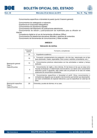 BOLETÍN OFICIAL DEL ESTADO
Núm. 48	 Miércoles 25 de febrero de 2015	 Sec. III. Pág. 16064
Conocimientos específicos e idoneidad al puesto (punto 5 baremo general):
Conocimientos de catalogación e indización.
Experiencia en búsquedas bibliográficas
Conocimientos de repositorios digitales
Conocimientos del tratamiento de publicaciones electrónicas.
Conocimientos de edición y post-producción de multimedia para su difusión en
Internet
Competencia digital en el uso de herramientas ofimáticas (Office)
Conocimientos de plataformas educativas (Moodle) y gestores de contenidos
Conocimiento de herramientas de comunicaciones y redes sociales.
ANEXO II
Valoración de méritos
Baremación general
Fase 1:
Hasta 80 puntos
Puntuación
máxima
Formación y competencias
25 1.  Expediente académico.
10
2.  Formación complementaria de postgrado o de otro tipo, relacionada con el tipo
beca (doctorado, master, especialista, otros cursos o estudios universitarios, etc.).
10
3.  Conocimientos prácticos relacionados con las actividades a realizar y tiempo
dedicado.
5
4.  Conocimientos de inglés y otros idiomas. En las becas en las que se exija como
requisito de titulación un determinado nivel de idioma o se valore como conocimiento
específico (punto 5 siguiente), éste criterio sólo se puntuará en el caso de niveles
superiores de conocimiento acreditados.
30
5.  Conocimientos específicos e idoneidad al perfil: Otros conocimientos o
competencias alegados que se ajusten a las funciones que tendrán que desempeñar,
que sean considerados de especial relevancia y que se especifican en cada tipo de
beca.
Baremación específica
Fase 2:
Hasta 20 puntos
20 Entrevista y prueba de idiomas, en su caso.
cve:BOE-A-2015-1911
http://www.boe.es	 BOLETÍN OFICIAL DEL ESTADO	 D. L.: M-1/1958 - ISSN: 0212-033X
 