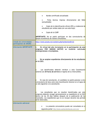 · Kardex certificado actualizado 
· Ficha técnica impresa directamente del SIIAU 
(actualizada) 
· Copia de la identificación oficial (IFE) y credencial de 
estudiante por ambos lados (en una sola hoja) 
· Copia de la CURP 
IMPORTANTE: No se podrá participar en dos convocatorias de 
apoyos económicos de manera simultánea. 
Listado de universidades 
participantes de ANUIES 
http://www.anuies.mx/content.php?varSectionID=22 
Información IMPORTANTE · En virtud del alto incremento en la participación de este 
programa POR NINGÚN MOTIVO se recibirán solicitudes 
extemporáneas o incompletas. 
· No se aceptan expedientes directamente de los estudiantes 
en la CGCI. 
· Los beneficiados deberán retribuir a esta Coordinación 
General con 20 horas de servicio al regreso de su intercambio. 
· En caso de cancelación, el candidato no podrá postular a otra 
convocatoria de beca ante esta Coordinación General en el lapso de 
un año siguiente a la cancelación. 
· Los estudiantes que no resulten beneficiados por este 
programa deberán recoger personalmente su expediente en la CGCI 
dentro de los 30 días hábiles después de la publicación de los 
resultados. Los expedientes que no se recojan durante ese periodo 
serán destruidos. 
Información adicional 
· La presente convocatoria puede ser consultada en el 
siguiente portal: http://www.santanderbecas.com.mx/ 
 