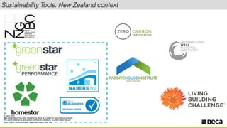 Sustainability Tools: New Zealand context
© Beca 2023
This presentation has been prepared by Beca. It is solely for educational purpose.
Any use or reliance by any person contrary to the above, to which Beca has not
given its prior written consent, is at that person's own risk.
- ------------------
gn e star
•gee star
PER:IFOI
RMANCI
E
homestar
Q1 EECA
~BUSINESS
PROGRAMME PARTNER
TM
------------------------
CARBON
CERTIFICATION
PASSIVEHOUSEINSTITUTE
NEW ZEALAND
..p
LIVING
BUILDING
CHALLENGE'~
11seca
 