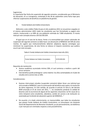 Sugerencias:
Es importante fijar fecha de suspensión de segundo semestre, considerando que el Ministerio
de Educación, en su cronograma, contempla el día 30 de septiembre como fecha tope para
informar suspensiones de beneficios en plataforma de gestión.


   III.       Fondo Solidario de Crédito Universitario

    Referente a este crédito (Tabla 4) para el año académico 2011 se encuentran cargados en
el sistema administrativo UACh todos los estudiantes que han formalizado su pagaré ante
notario, involucrando a un 80% de una población estimada de 7.000 estudiantes. El monto
total por este concepto alcanza a $9.516.505.024.

    Al igual que en el caso de las becas, frente a la eventualidad que existan solicitudes de
suspensión del segundo semestre se debe hacer una devolución al MINEDUC del 50% de estos
montos. Se sugiere que institucionalmente deberían adoptarse algunas estrategias que
minimicen las suspensiones, de esta forma se reduzca el impacto económico que pudiera
ocurrir por este concepto.

                 Tabla 4: Fondo Solidario de Crédito Universitario total año 2011.


                  Fondo Solidario de Crédito Universitario     9.516.505.024




Requisitos de mantención
   • Avance académico acumulado mínimo 50%, el cual comienza a medirse a partir del
        tercer semestre.
   • Este beneficio puede prolongarse -como máximo- los años contemplados en el plan de
        estudios de la carrera más un 50%.

Consideraciones:

   •      Quienes interrumpen estudios (suspenden semestre) deben llenar una solicitud que
          será enviada al MINEDUC, pues la continuación del beneficio está sujeta a la resolución
          de dicho organismo. En este sentido, de acuerdo al artículo 31 letra b, del decreto
          0039 emanado el 25 de enero del 2011, “… los estudiantes perderán la calidad de
          becarios ante la ocurrencia de alguna de las siguientes situaciones: b) Por causa de su
          retiro temporal como estudiantes, abandono, cambio de carrera o de institución no
          autorizado por la división de educación superior del MINEDUC…”

   •      De acuerdo a lo citado anteriormente, es imprescindible, que todos los estudiantes
          que posean Fondo Solidario de Crédito Universitario, se comuniquen con Asistente
          Social del Departamento de Bienestar Estudiantil, ya sea personalmente, vía telefónica
          o por mail para ser orientados respecto a este procedimiento.




                                                                                               3
 