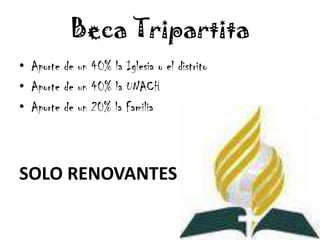 Beca Tripartita
• Aporte de un 40% la Iglesia o el distrito
• Aporte de un 40% la UNACH
• Aporte de un 20% la Familia



SOLO RENOVANTES
 