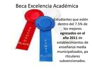 Beca Excelencia Académica

               Estudiantes que estén
                  dentro del 7.5% de
                      los mejores
                    egresados en el
                     año 2011 de
                 establecimientos de
                   enseñanza media
                 municipalizados, pa
                       rticulares
                   subvencionados.
 