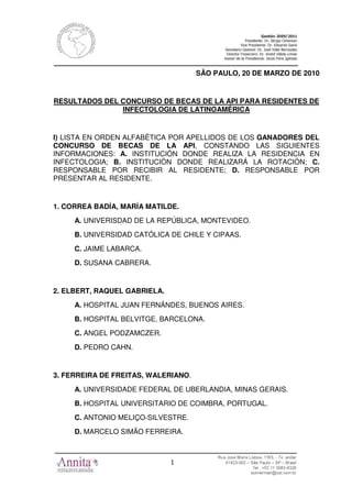 SÃO PAULO, 20 DE MARZO DE 2010


RESULTADOS DEL CONCURSO DE BECAS DE LA API PARA RESIDENTES DE
               INFECTOLOGIA DE LATINOAMÉRICA


I) LISTA EN ORDEN ALFABÉTICA POR APELLIDOS DE LOS GANADORES DEL
CONCURSO DE BECAS DE LA API, CONSTANDO LAS SIGUIENTES
INFORMACIONES: A. INSTITUCIÓN DONDE REALIZA LA RESIDENCIA EN
INFECTOLOGIA; B. INSTITUCIÓN DONDE REALIZARÁ LA ROTACIÓN; C.
RESPONSABLE POR RECIBIR AL RESIDENTE; D. RESPONSABLE POR
PRESENTAR AL RESIDENTE.


1. CORREA BADÍA, MARÍA MATILDE.
     A. UNIVERISDAD DE LA REPÚBLICA, MONTEVIDEO.
     B. UNIVERSIDAD CATÓLICA DE CHILE Y CIPAAS.
     C. JAIME LABARCA.
     D. SUSANA CABRERA.


2. ELBERT, RAQUEL GABRIELA.
     A. HOSPITAL JUAN FERNÁNDES, BUENOS AIRES.
     B. HOSPITAL BELVITGE, BARCELONA.
     C. ANGEL PODZAMCZER.
     D. PEDRO CAHN.


3. FERREIRA DE FREITAS, WALERIANO.
     A. UNIVERSIDADE FEDERAL DE UBERLANDIA, MINAS GERAIS.
     B. HOSPITAL UNIVERSITARIO DE COIMBRA, PORTUGAL.
     C. ANTONIO MELIÇO-SILVESTRE.
     D. MARCELO SIMÃO FERREIRA.



                              1
 