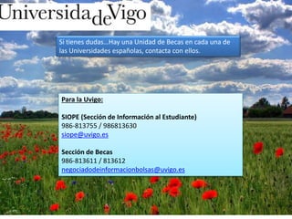 Si tienes dudas…Hay una Unidad de Becas en cada una de
las Universidades españolas, contacta con ellos.
Para la Uvigo:
SIOPE (Sección de Información al Estudiante)
986-813755 / 986813630
siope@uvigo.es
Sección de Becas
986-813611 / 813612
negociadodeinformacionbolsas@uvigo.es
 