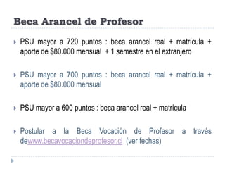 Beca Arancel de ProfesorPSU mayor a 720 puntos : beca arancel real + matrícula + aporte de $80.000 mensual  + 1 semestre en el extranjeroPSU mayor a 700 puntos : beca arancel real + matrícula + aporte de $80.000 mensualPSU mayor a 600 puntos : beca arancel real + matrículaPostular a la Beca Vocación de Profesor a través dewww.becavocaciondeprofesor.cl  (ver fechas)
