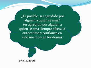 ¿Es posible ser agredido por
alguien a quien se ama?
Ser agredido por alguien a
quien se ama siempre afecta la
autoestima y confianza en
uno mismo y en los demás
UNICEF, 2006
 