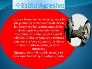 Expresa lo que siente, lo que quiere y lo
que piensa sin tomar en consideración
los derechos y los sentimientos de los
demás; provoca malestar en los
miembros de la familia y deteriora la
relación, utiliza un lenguaje que busca
imponer a la fuerza su punto de vista a
través de críticas, gritos, gestos y
amenazas.
Ejemplo: Yo soy el papá/la mamá y tú
tienes que hacer lo que yo digo y punto.
 