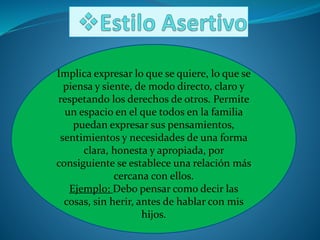 Implica expresar lo que se quiere, lo que se
piensa y siente, de modo directo, claro y
respetando los derechos de otros. Permite
un espacio en el que todos en la familia
puedan expresar sus pensamientos,
sentimientos y necesidades de una forma
clara, honesta y apropiada, por
consiguiente se establece una relación más
cercana con ellos.
Ejemplo: Debo pensar como decir las
cosas, sin herir, antes de hablar con mis
hijos.
 