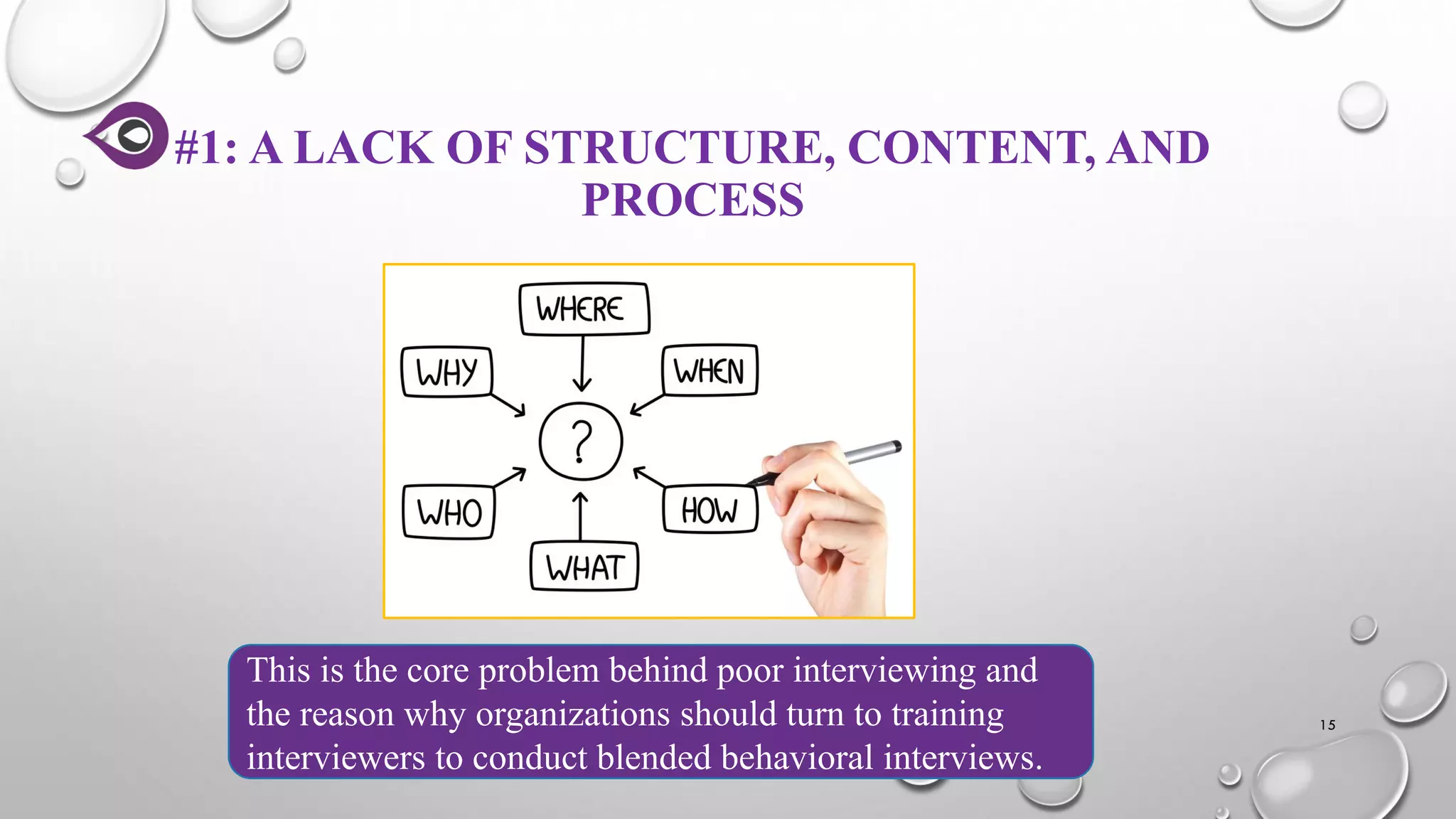 #1: A LACK OF STRUCTURE, CONTENT, AND
PROCESS
15
This is the core problem behind poor interviewing and
the reason why organizations should turn to training
interviewers to conduct blended behavioral interviews.
 