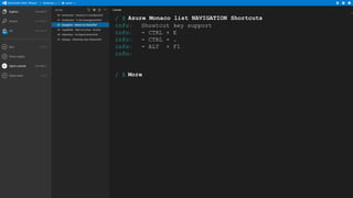 / $ Azure Monaco
info:
Shostcut
info:
- CTRL +
info:
- CTRL +
info:
- ALT +
info:

/ $ More

list NAVIGATION Shortcuts
key support
E
.
F1

 