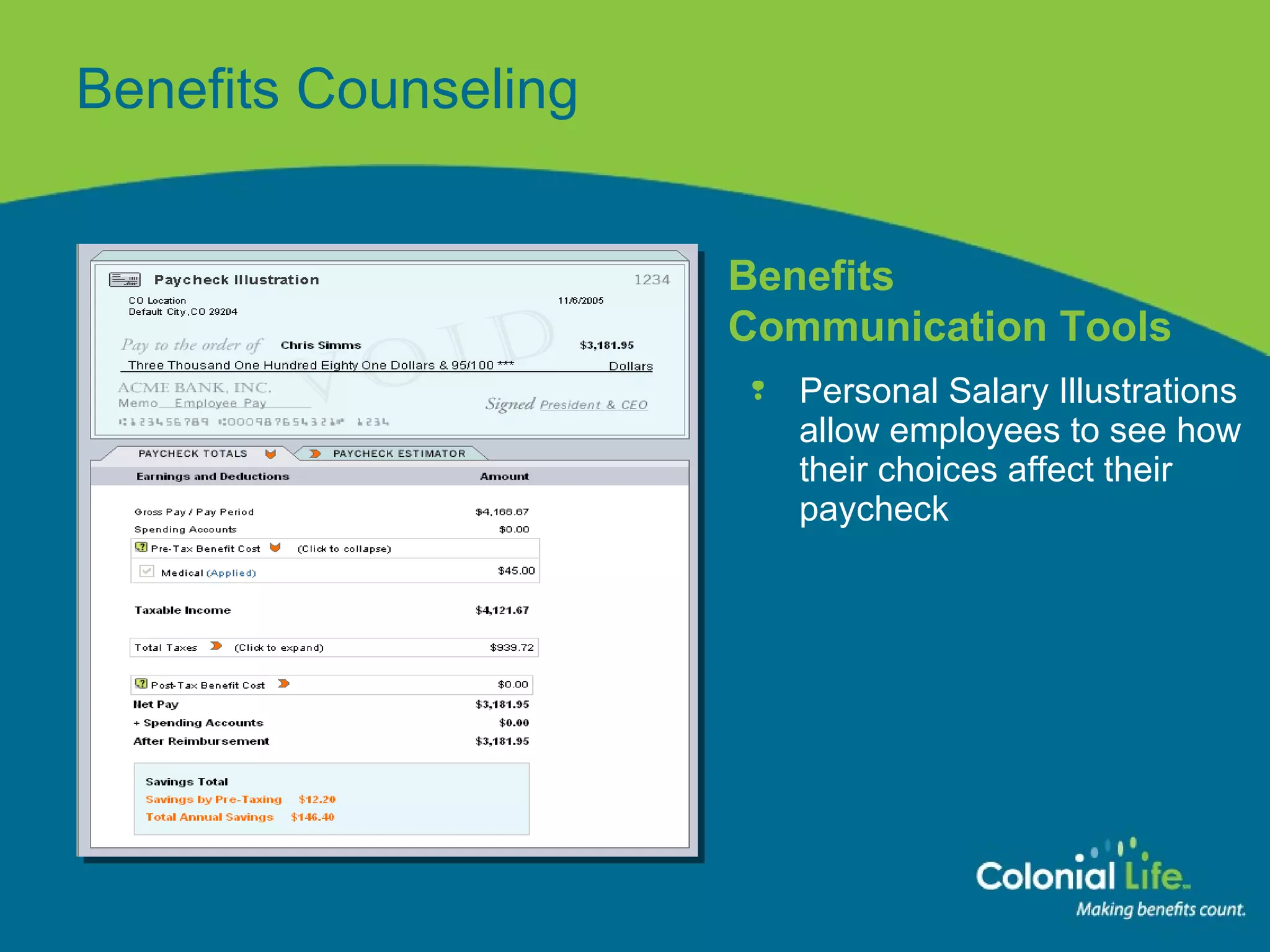 Personal Salary Illustrations allow employees to see how their choices affect their paycheck Benefits Counseling Benefits  Communication Tools 