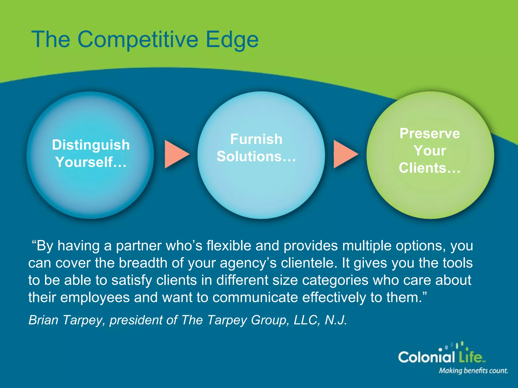 The Competitive Edge “ By having a partner who’s flexible and provides multiple options, you can cover the breadth of your agency’s clientele. It gives you the tools to be able to satisfy clients in different size categories who care about their employees and want to communicate effectively to them.” Brian Tarpey, president of The Tarpey Group, LLC, N.J. Distinguish Yourself… Furnish Solutions… Preserve Your Clients… 