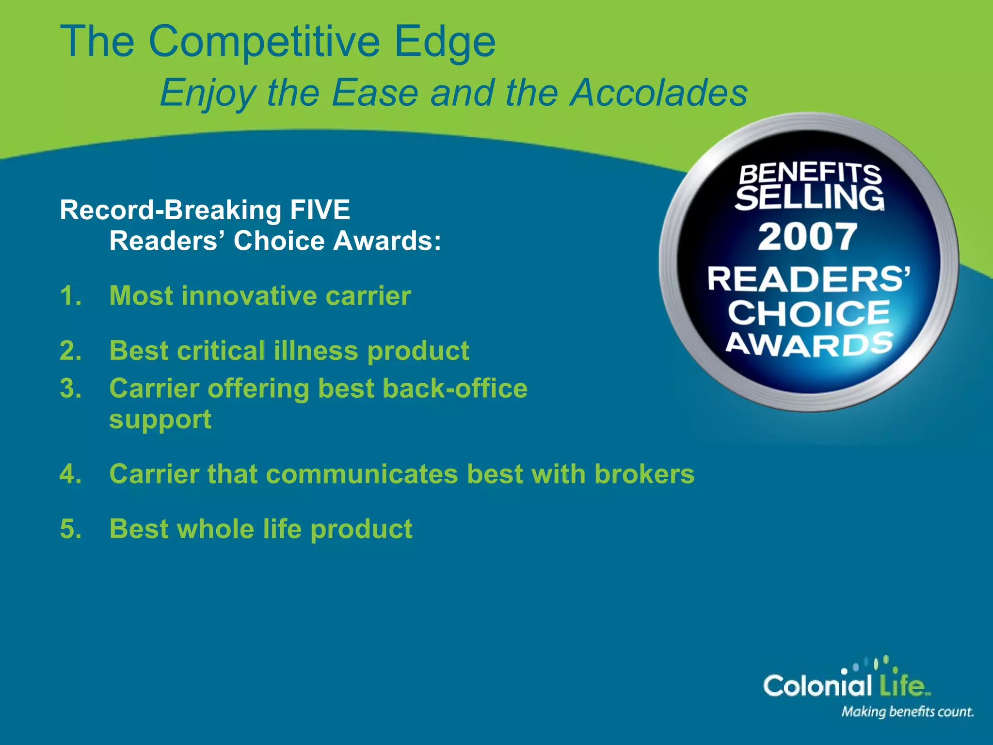 The Competitive Edge Enjoy the Ease and the Accolades Record-Breaking FIVE  Readers’ Choice Awards: 1.  Most innovative carrier 2.  Best critical illness product 3.  Carrier offering best back-office  support 4.  Carrier that communicates best with brokers 5.  Best whole life product  