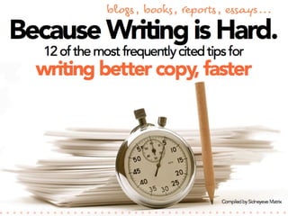 blo!", book#, $e%ort", &"'a(s...

Because Writing is Hard.
12 of the most frequently cited tips for

writing better copy, faster

Compiled by Sidneyeve Matrix

 