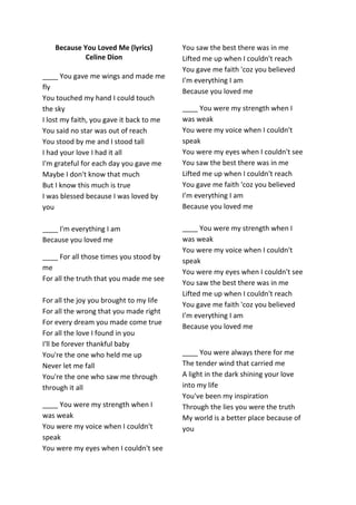 Because You Loved Me Lyrics Lesson