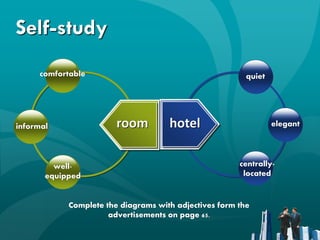 Self-study
     comfortable                                         quiet




informal                room         hotel                       elegant




         well-                                         centrally-
       equipped                                         located


            Complete the diagrams with adjectives form the
                      advertisements on page 65.
 