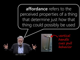 affordance refers to the
perceived properties of a thing
that determine just how that
thing could possibly be used
don norman
vertical
handle
cues pull
behavior
 