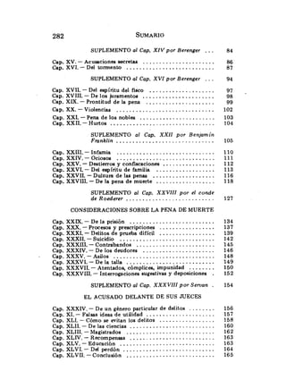 SUPLEMENTO al Cap.X I V p o r Berenger ...
......................
. .
Cap XV -Acusaciones secretas
...........................
. .
Cap XVI -Del tormento
SUPLEMENTO al Cap. XVI por Berenger ...
Cap.XVII.-Del espíritu del fisco ....................
Cap.XVIII.- De los juramentos ......................
Cap.XIX.-Prontitud de la pena .....................
Cap.XX.-Violencias ..............................
.......................
Cap.XXI.-Pena de los nobles
................................
. .
Cap XXII -Hurtos
SUPLEMENTO al Cap. XXII por Benjamín
Fmnklin ..............................
Cap.XXIII.- Infamia ..............................
Cap.XXIV.- Ociosos ..............................
................
Cap.XXV.-Destierros y confiscaciones
Cap.XXV1.- Del espíritu de familia ..................
Cap.XXVII.-Dulzura de las penas ...................
Cap.XXVIII.-De la pena de muerte ..................
SUPLEMENTO al Cap. XXVIII por el conde
de Roederer ...........................
CONSIDERACIONES SOBRE LA PENA DE MUERTE
. ..........................
Cap.XXIX - De la prisión
Cap.XXX.-Procesos y prescripciones .................
Cap.XXXI.-Delitos de prueba difícil .................
. .............................
Cap.XXXII -Suicidio
Cap.XXXIII.-Contrabandos ........................
Cap.XXXIV.- De los deudores ......................
...............................
. Cap.XXXV.-Asilos
Cap.XXXVI.- De la talla ...........................
........
.
Cap.XXXVII -Atentados, cómplices, impunidad
Cap. XXXVIII.- Interrogaciones sugestivas y deposiciones .
SUPLEMENTO al Cap. XXXVIII por Servan .
EL ACUSADO DELANTE DE SUS JUECES
........
Cap.XXXIV.- De un género particular de delitos
Cap.XI.- Falsas ideas de utilidad .....................
Cap. XLI.- Cómo se evitan los delitos .................
Cap. XLII.- De las ciencias ..........................
Cap.XLIII.-Magistrados ...........................
Cap. XLiV.-Recompensas ..........................
Cap.XLV.- Educación .............................
Cap.XLVI.- Del perdón ............................
Cap.XLVII.-Conclusión ...........................
 
